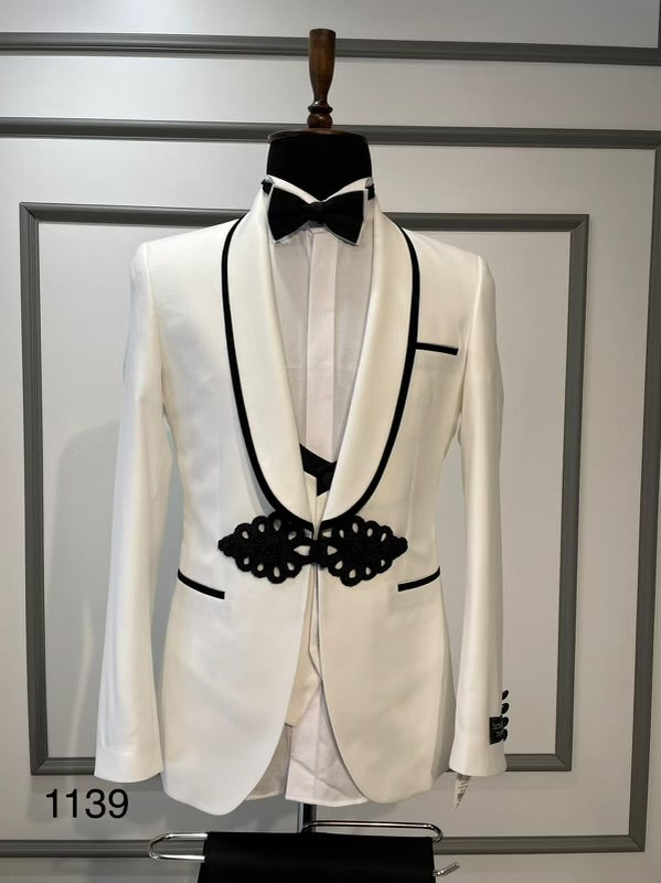 White Tuxedo Three Piece 3-Piece Slim Fit Cut Set