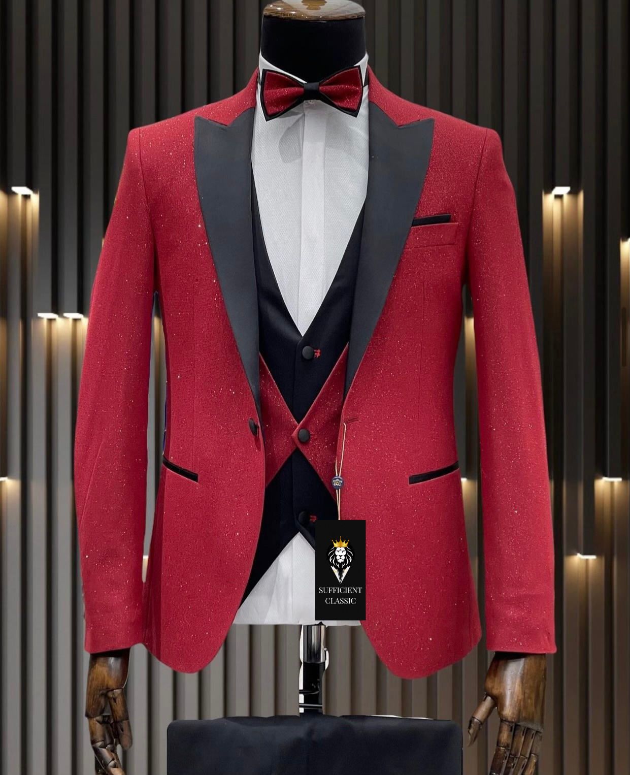 Red Sparkling Tuxedo Three Piece 3-Piece Slim Fit Cut Set