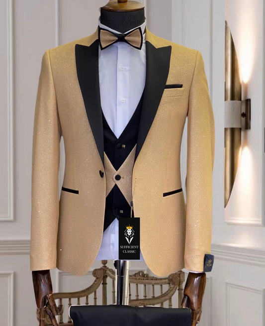 Gold Sparkling Tuxedo Three Piece 3-Piece Slim Fit Cut Set