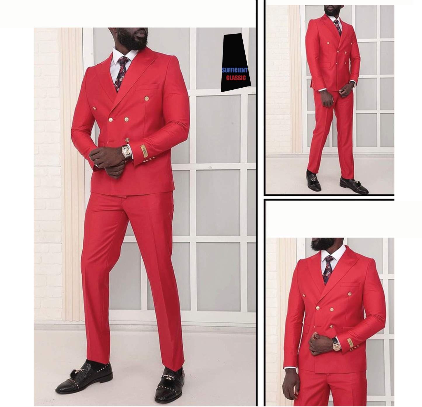 Red Double Breasted Two Piece 2-Piece Slim Fit Cut Set